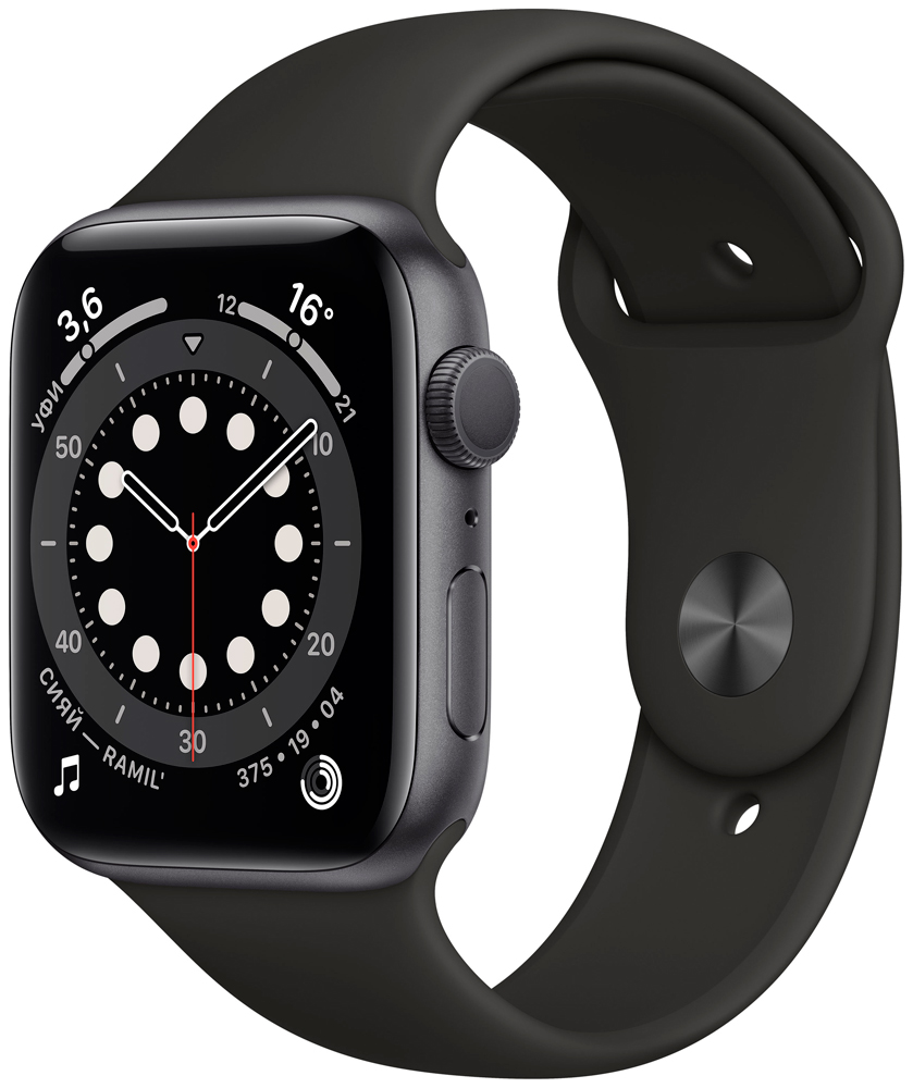 Apple Watch Series 6 GPS 44мм корпус из алюминия серый космос + ремешок черный (M00H3RU/A)
