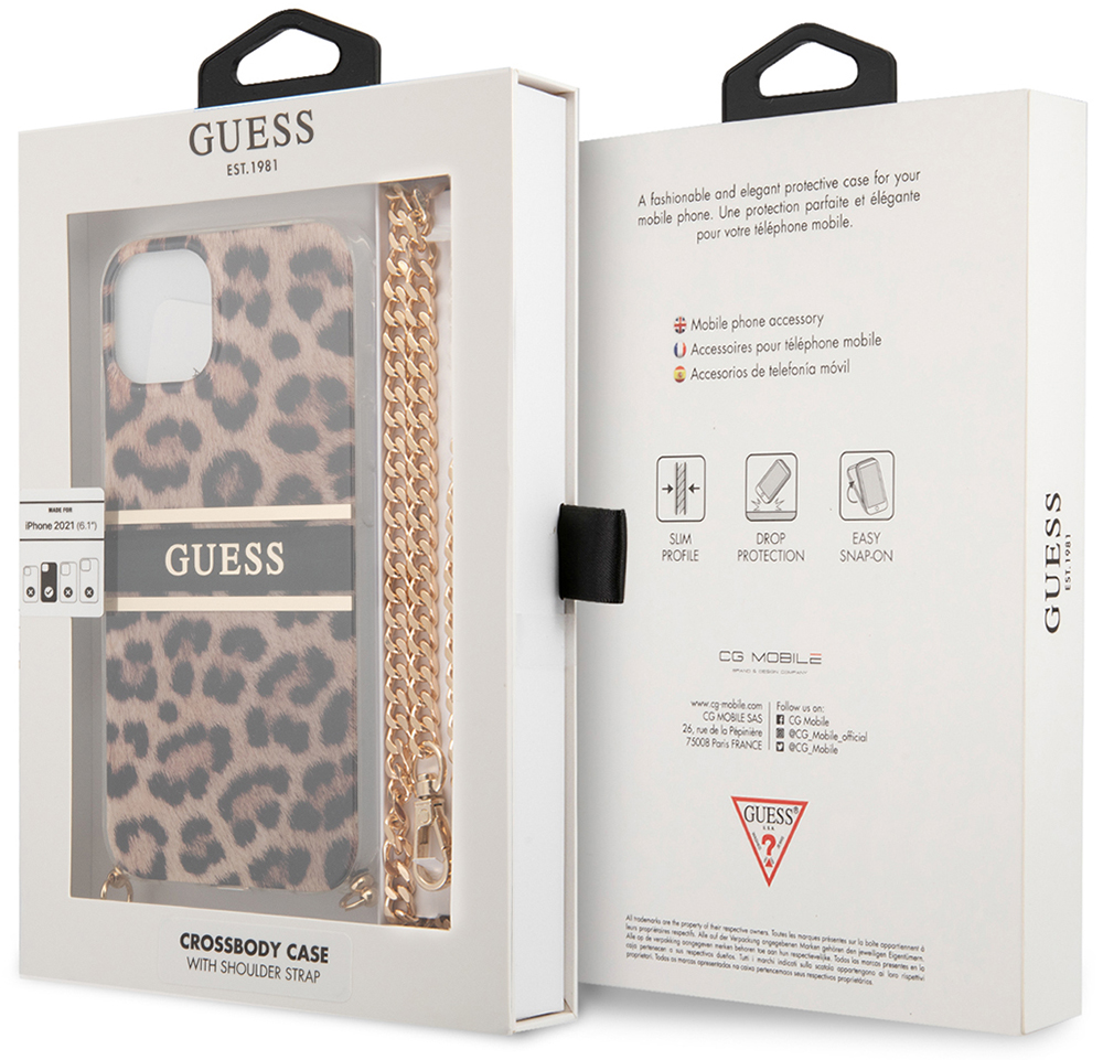 Чехол-накладка Guess для iPhone 13 PC|TPU Hard+Gold crossbody chain  Леопардовый: технические характеристики и описание – Интернет – магазин МТС