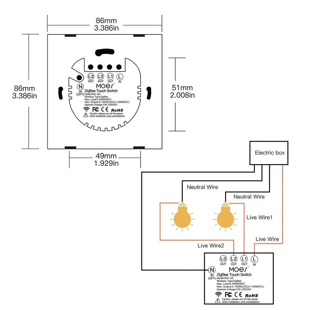 Умный выключатель MOES Gang Smart Switch Sensor w/o grounding ZSEU2