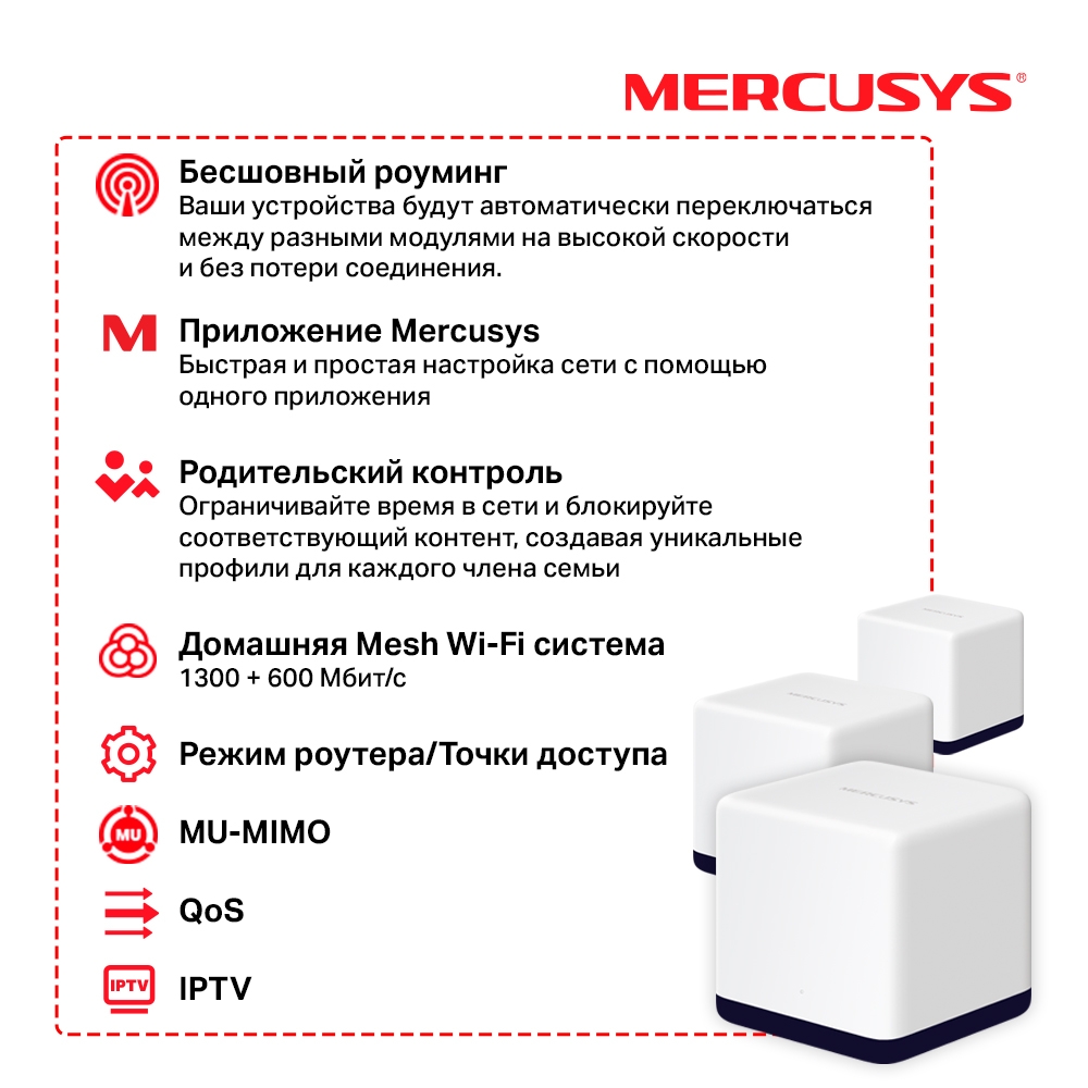 Wi-Fi Mesh система Mercusys Halo H50G AC1900 3 шт. в комплекте Белая:  купить по цене 9 999 рублей в интернет магазине МТС