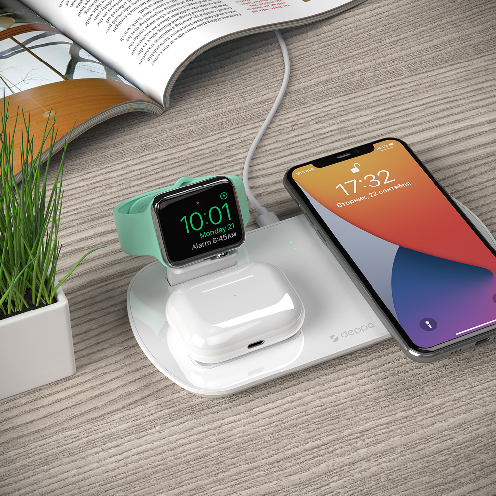 Беспроводное мультизарядное устройство Deppa 3 в 1: iPhone, Apple Watch,  Airpods, 17,5 Вт White (24010): купить по цене 1 690 рублей в интернет  магазине МТС